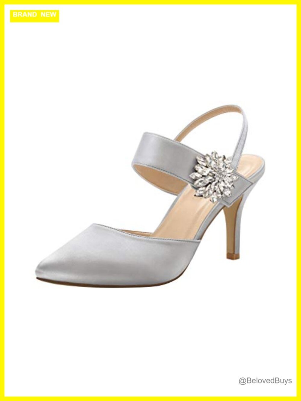 Mid Heel Slingback Satin Dress Pumps with Rhinestone Brooch